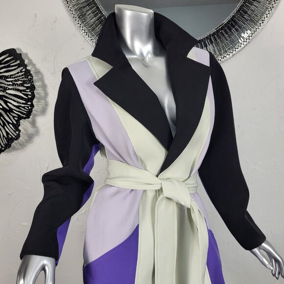 NWT~$695~TOCCIN~SZ S~STUNNING PURPLE BLACK BELTED COLORBLOCK TRENCH COAT JACKET - Picture 8 of 16